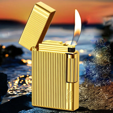 Lazy Survivor F2 Metal Stripe Loud Butane Gas Lighter Open Fire Gold