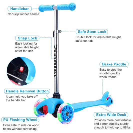 Lazy Bot™ Kids Scooter - 4 Adjustable Height, Extra-Wide Deck with Brake & 3 PU Flashing Wheels, Over 3 Years Old,Blue