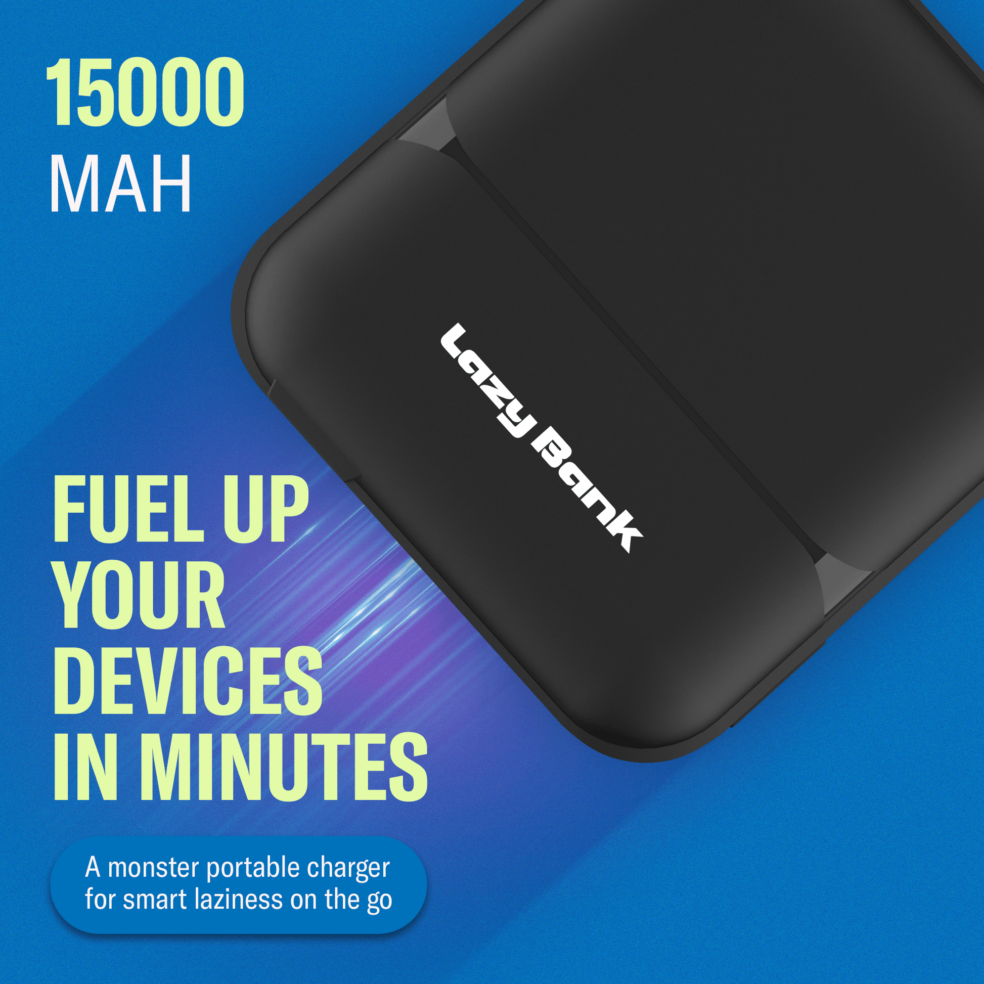 LazyBank™ - Portable Fast Charger 15000 mAh, Built-in Cables & Plug-In - Lazy Pro