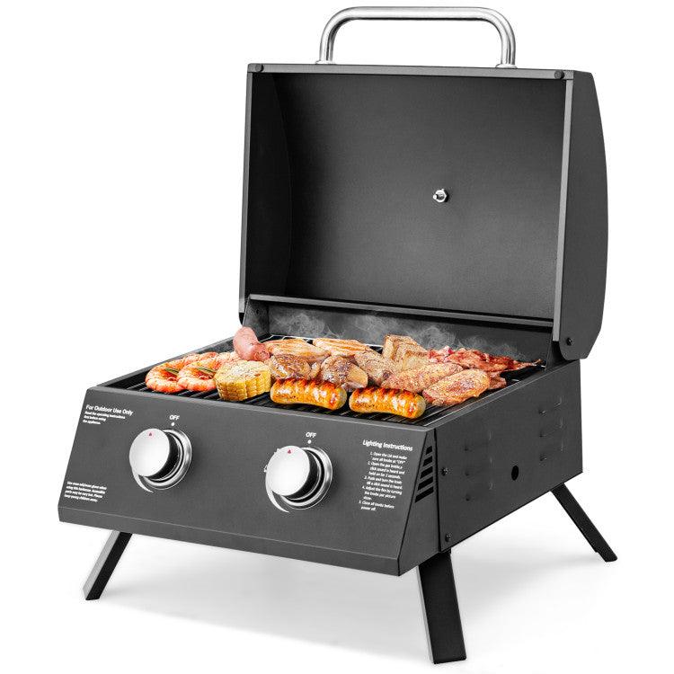 LazyBBQ™ 2-Burner Propane Gas Grill 20000 BTU Outdoor Portable with Thermometer - Lazy Pro