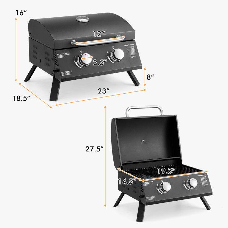 LazyBBQ™ 2-Burner Propane Gas Grill 20000 BTU Outdoor Portable with Thermometer - Lazy Pro