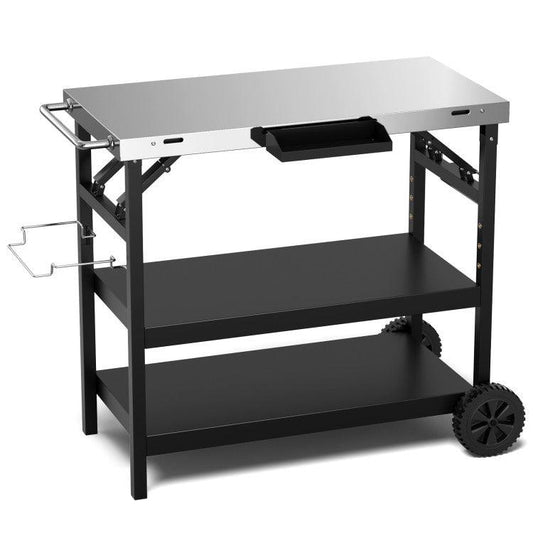 LazyBBQ™ 3 Tiers Foldable Outdoor Cart on 2 Wheels with Phone Holder
