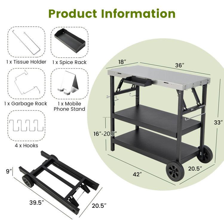 LazyBBQ™ 3 Tiers Foldable Outdoor Cart on 2 Wheels with Phone Holder - Lazy Pro