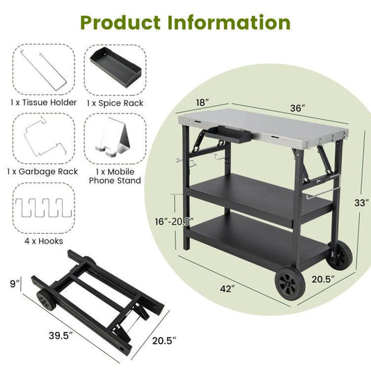 LazyBBQ™ 3 Tiers Foldable Outdoor Cart on 2 Wheels with Phone Holder