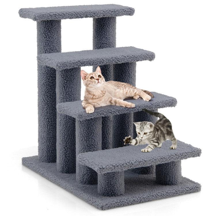 LazyCat™ 24 Inch 4-Step Pet Stairs Carpeted Ladder Ramp Scratching Post Cat Tree Climber - Lazy Pro