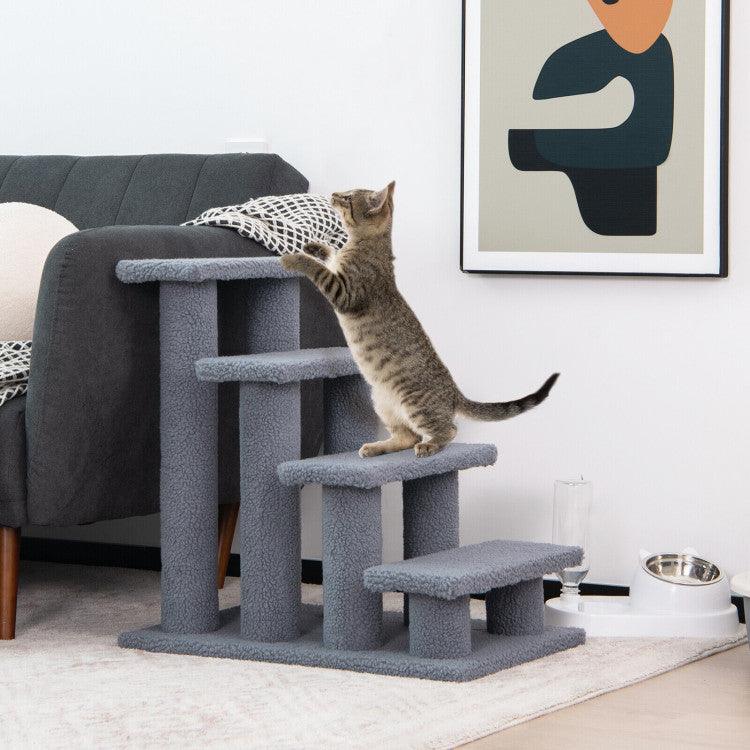 LazyCat™ 24 Inch 4-Step Pet Stairs Carpeted Ladder Ramp Scratching Post Cat Tree Climber - Lazy Pro