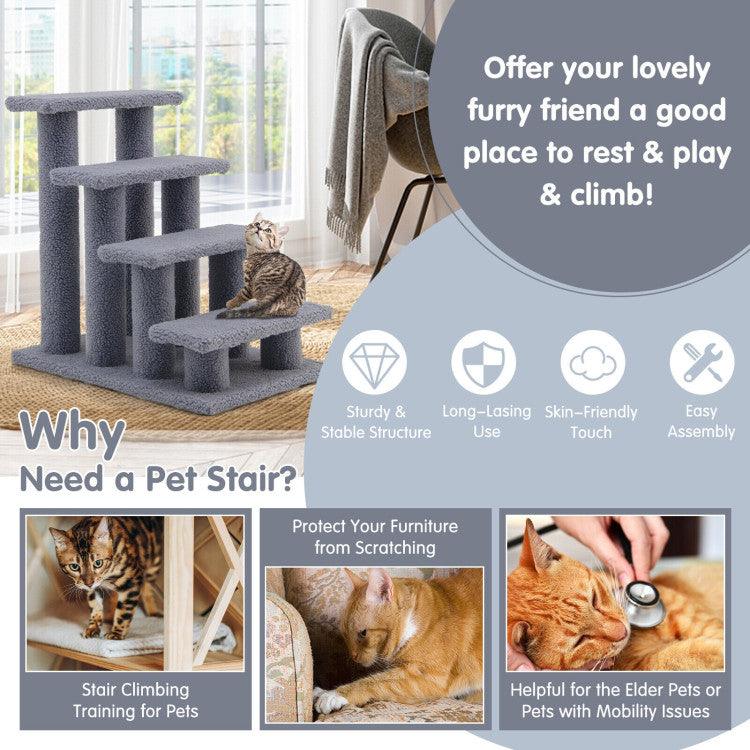 LazyCat™ 24 Inch 4-Step Pet Stairs Carpeted Ladder Ramp Scratching Post Cat Tree Climber - Lazy Pro