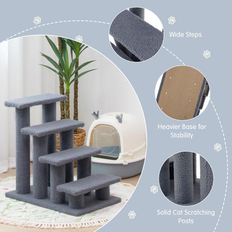 LazyCat™ 24 Inch 4-Step Pet Stairs Carpeted Ladder Ramp Scratching Post Cat Tree Climber - Lazy Pro