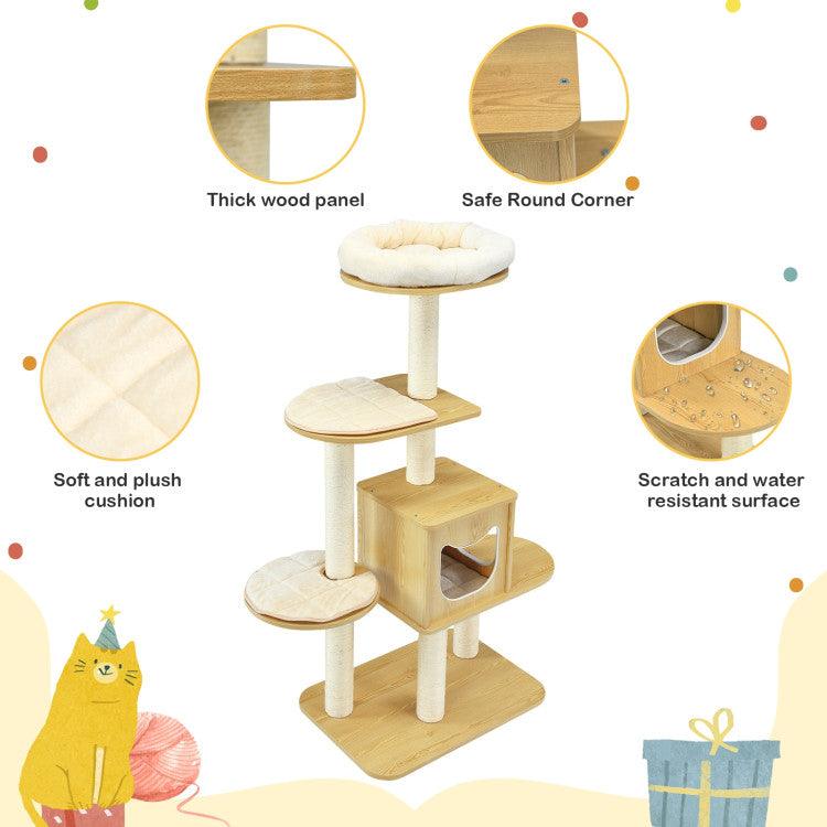 LazyCat™ 4 Levels Modern Wood Cat Tower with Washable Mats - Lazy Pro