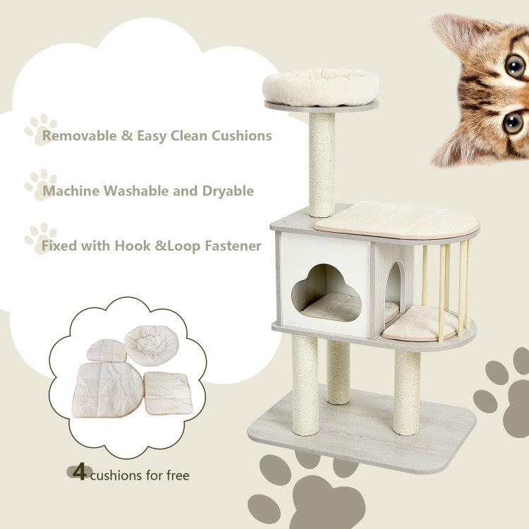 LazyCat™ 46 Inch Wooden Cat Activity Tree with Platform and Cushions - Lazy Pro