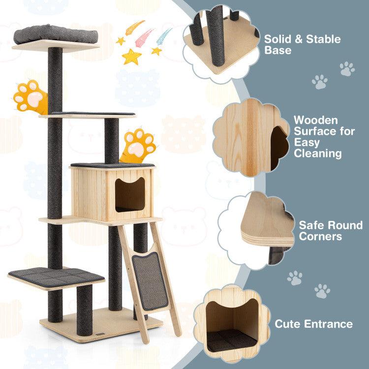 LazyCat™ 5-Tier Modern Wood Cat Tower with Washable Cushions - Lazy Pro