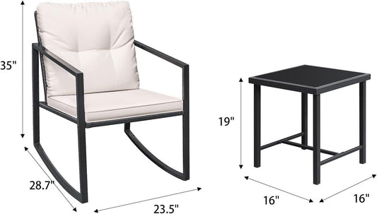 LazyChill™ Juego de bistró mecedora de 3 piezas Muebles de exterior de mimbre para patio Sillas de porche Juegos de conversación con mesa de café de vidrio