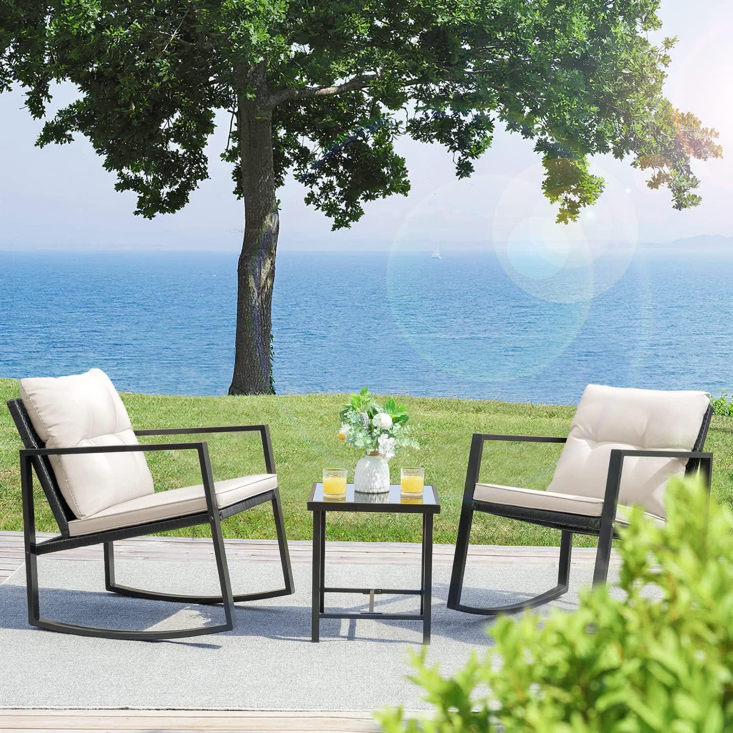 LazyChill™ 3 Piece Rocking Bistro Set Wicker Patio Outdoor Furniture Porch Conversation Sets with Glass Coffee Table - Lazy Pro