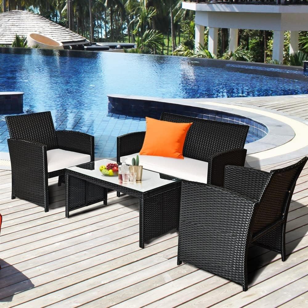 LazyChill™ 4-Piece Rattan Patio Furniture Set, Outdoor Wicker Conversation Sofa Resistant Cushions and Tempered Glass Tabletop - Lazy Pro