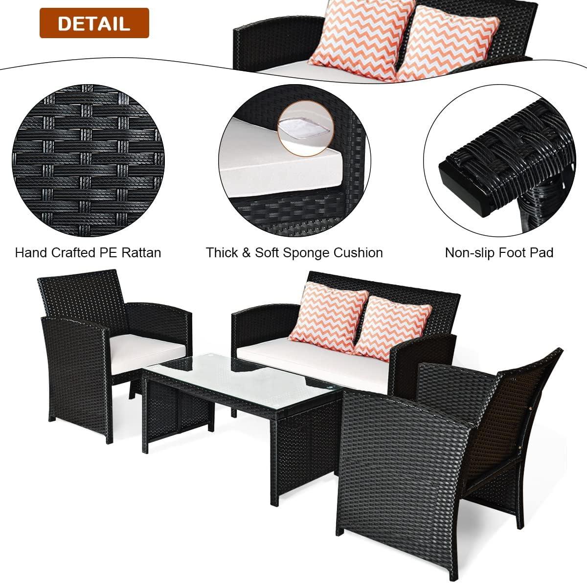 LazyChill™ 4-Piece Rattan Patio Furniture Set, Outdoor Wicker Conversation Sofa Resistant Cushions and Tempered Glass Tabletop - Lazy Pro