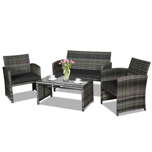 LazyChill™ 4 Pieces Patio Rattan Furniture Set with Glass Table and Loveseat