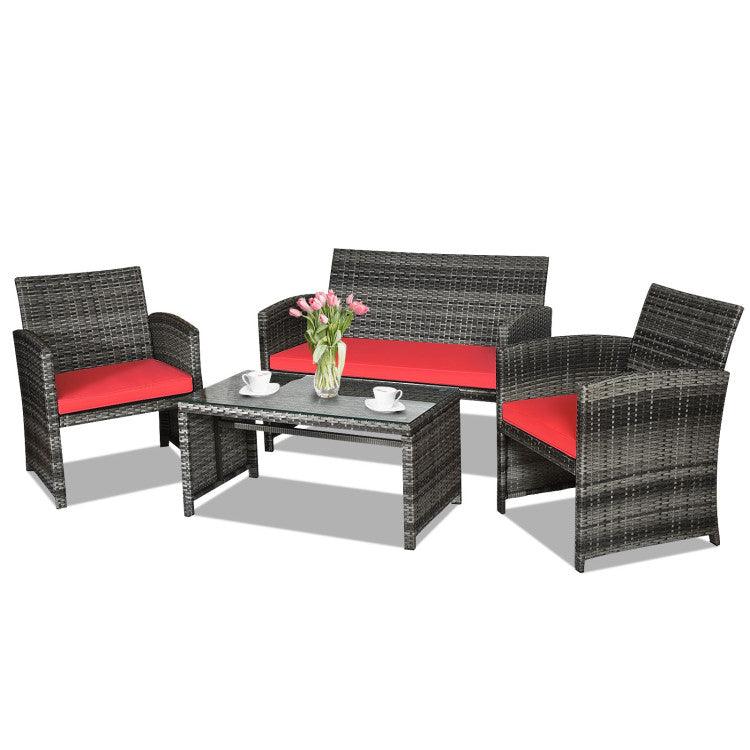 LazyChill™ 4 Pieces Patio Rattan Furniture Set with Glass Table and Loveseat - Lazy Pro
