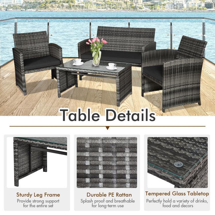 LazyChill™ 4 Pieces Patio Rattan Furniture Set with Glass Table and Loveseat - Lazy Pro