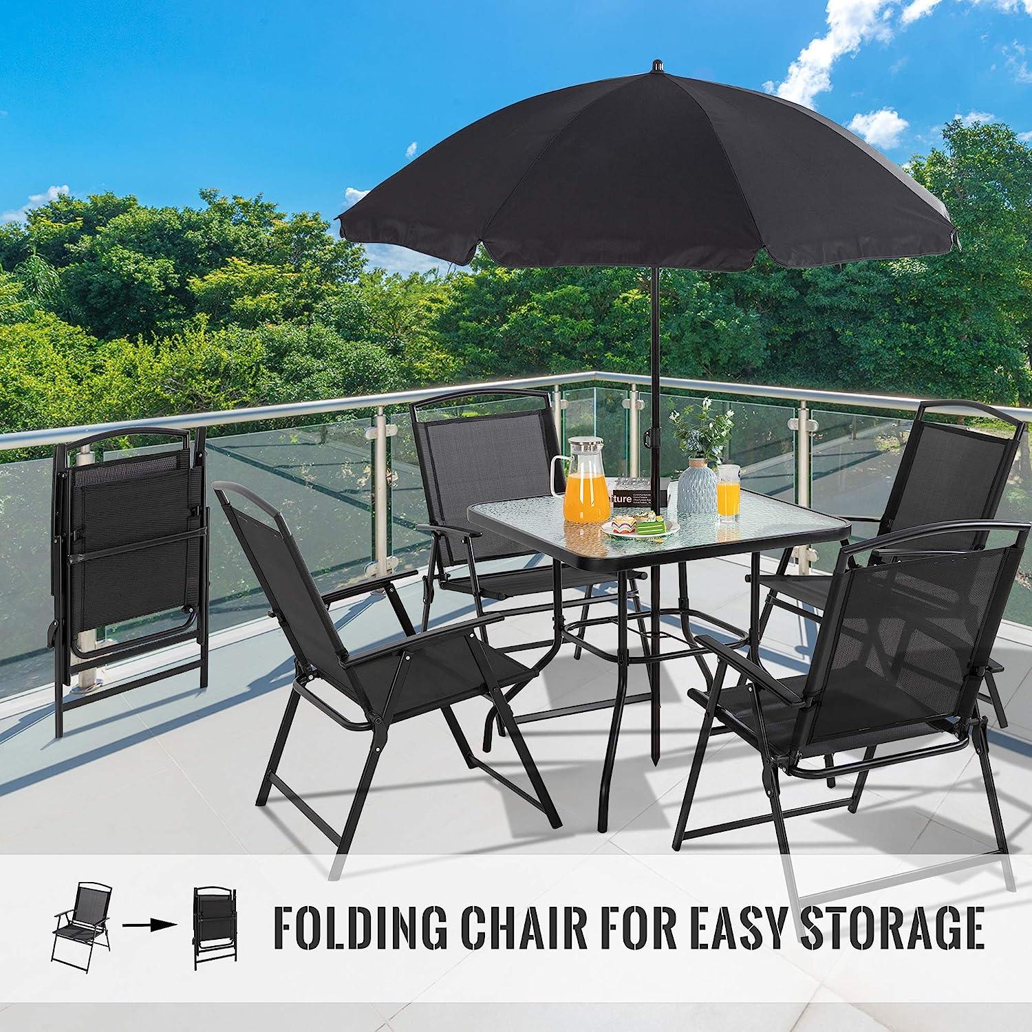 LazyChill™ 6 Piece Patio Dining Set with Umbrella, Outdoor Garden Set with 4 Folding Chairs and Tempered Glass Top Dining Table - Lazy Pro
