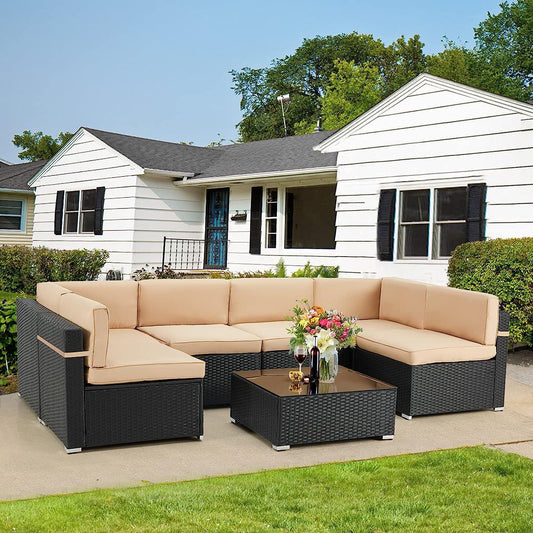LazyChill™ Juego de muebles de exterior de 7 piezas para patio, Juego de sofás de mimbre de ratán PE, Juego de sillas seccionales para exteriores con cojines y mesa de té