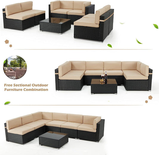LazyChill™ Juego de muebles de exterior de 7 piezas para patio, Juego de sofás de mimbre de ratán PE, Juego de sillas seccionales para exteriores con cojines y mesa de té