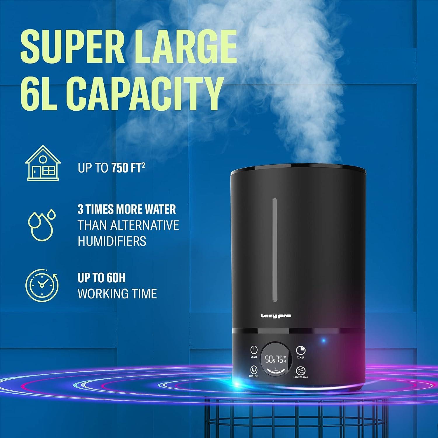 LazyClimate - 6L Large Room Home Ultrasonic Humidifier: Top Fill, 6L Capacity, 360° Mist, Quiet for Babies - Lazy Pro