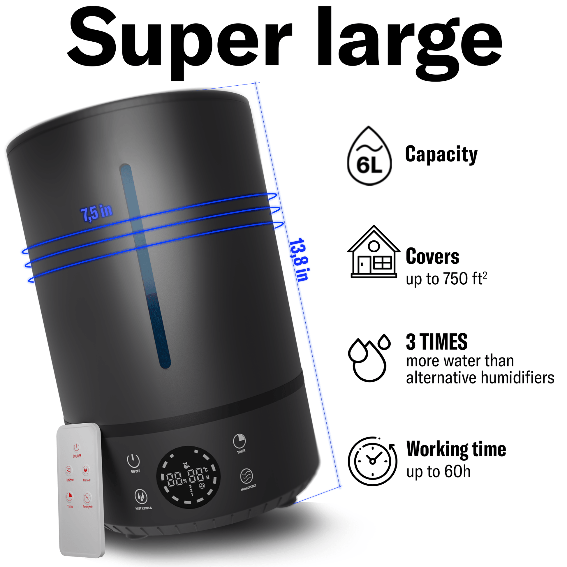 LazyClimate - 6L Large Room Home Ultrasonic Humidifier: Top Fill, 6L Capacity, 360° Mist, Quiet for Babies - Lazy Pro