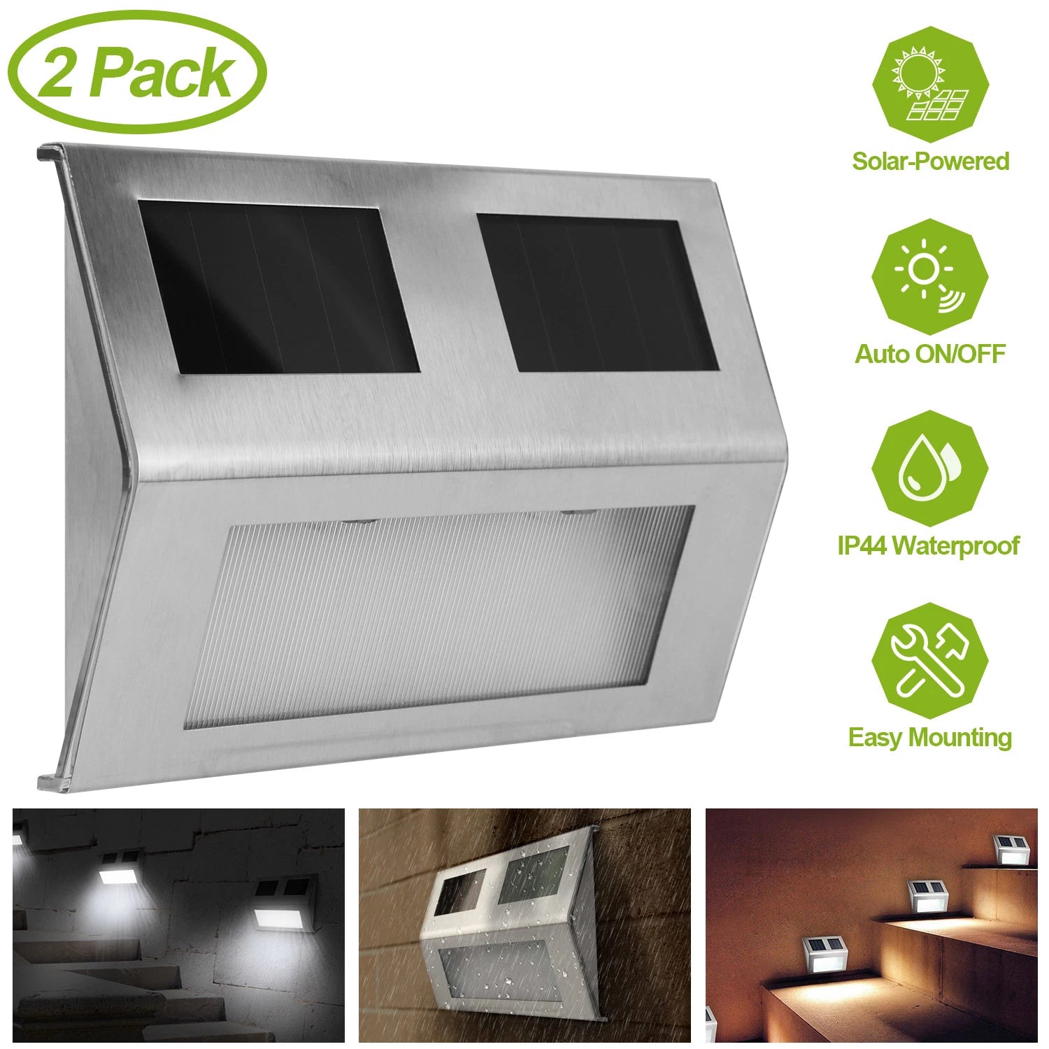 LazyDeck™ 2 Pack Solar Light 2 LEDs Wall Lamp Stair Step Outdoor Waterproof Security Light with Auto On/Off - Lazy Pro