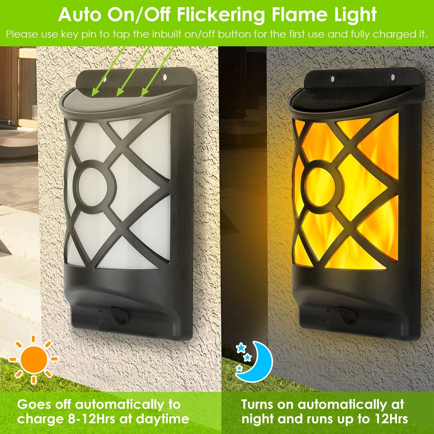 LazyDeck™ Flame Solar Lights Outdoor 96 LEDs Waterproof Flickering Flame Wall Mount Lamp Auto On Off - Lazy Pro