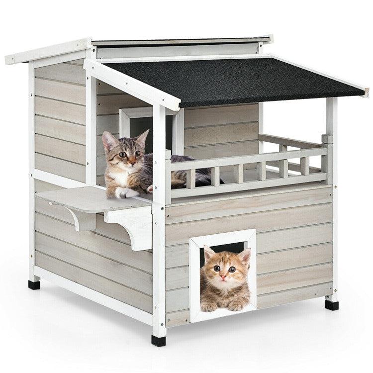 LazyKennels™ 2-Story Wooden Patio Luxurious Cat Shelter House Condo with Large Balcony - Lazy Pro