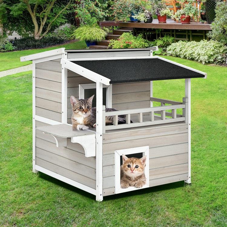 LazyKennels™ 2-Story Wooden Patio Luxurious Cat Shelter House Condo with Large Balcony - Lazy Pro