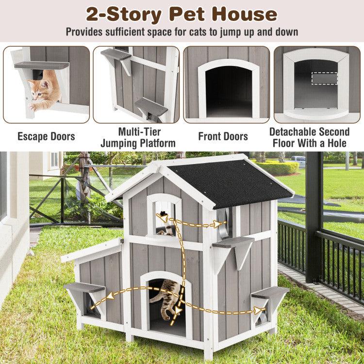 LazyKennels™ Outdoor 2-Story Wooden Feral Cat House with Escape Door - Lazy Pro