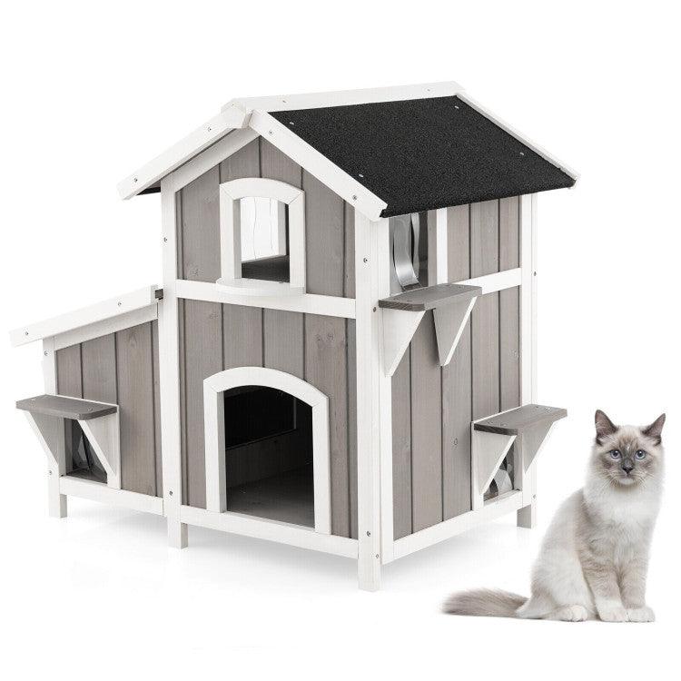 LazyKennels™ Outdoor 2-Story Wooden Feral Cat House with Escape Door - Lazy Pro