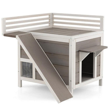 LazyKennels™ Outdoor Wooden Feral Cat House with Balcony and Slide - Lazy Pro