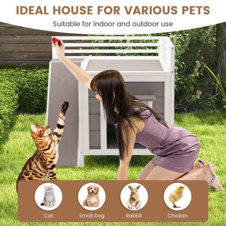 LazyKennels™ Outdoor Wooden Feral Cat House with Balcony and Slide - Lazy Pro