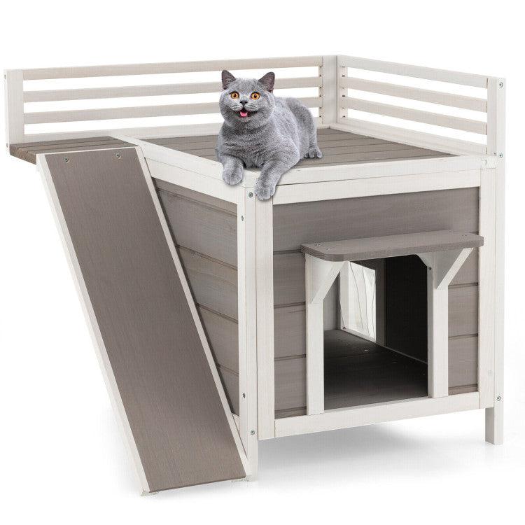 LazyKennels™ Outdoor Wooden Feral Cat House with Balcony and Slide - Lazy Pro