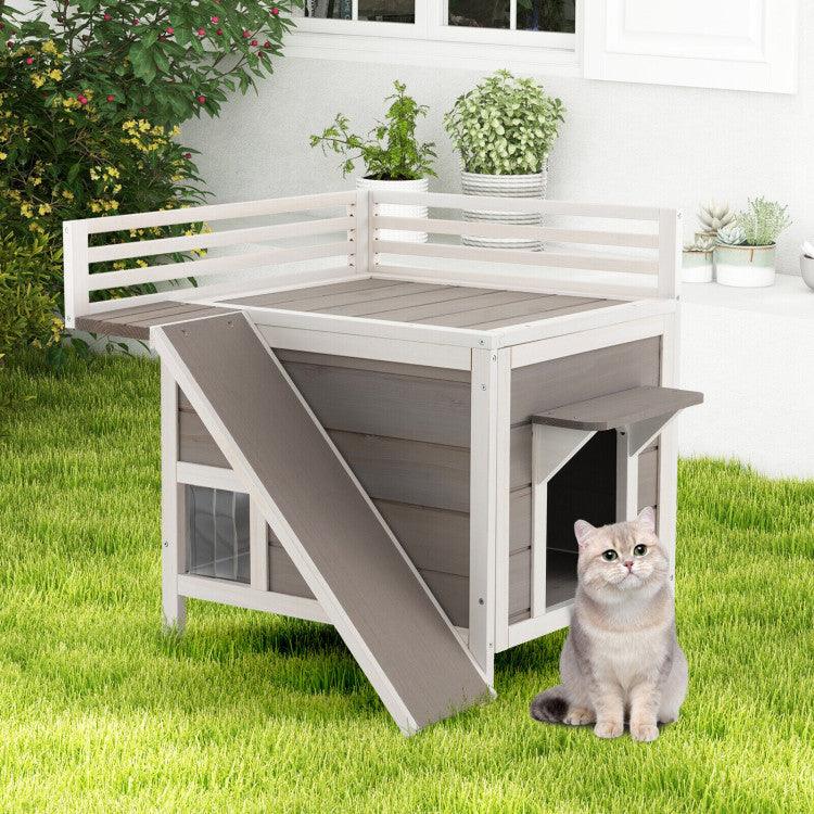 LazyKennels™ Outdoor Wooden Feral Cat House with Balcony and Slide - Lazy Pro