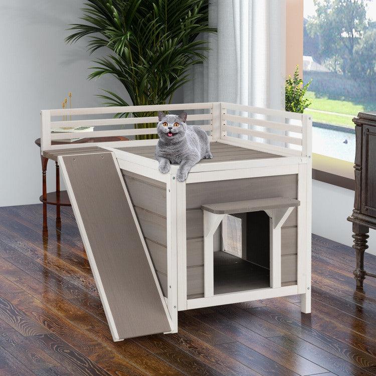 LazyKennels™ Outdoor Wooden Feral Cat House with Balcony and Slide - Lazy Pro