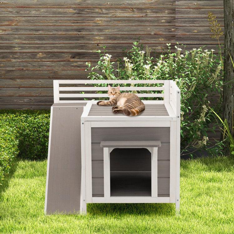 LazyKennels™ Outdoor Wooden Feral Cat House with Balcony and Slide - Lazy Pro