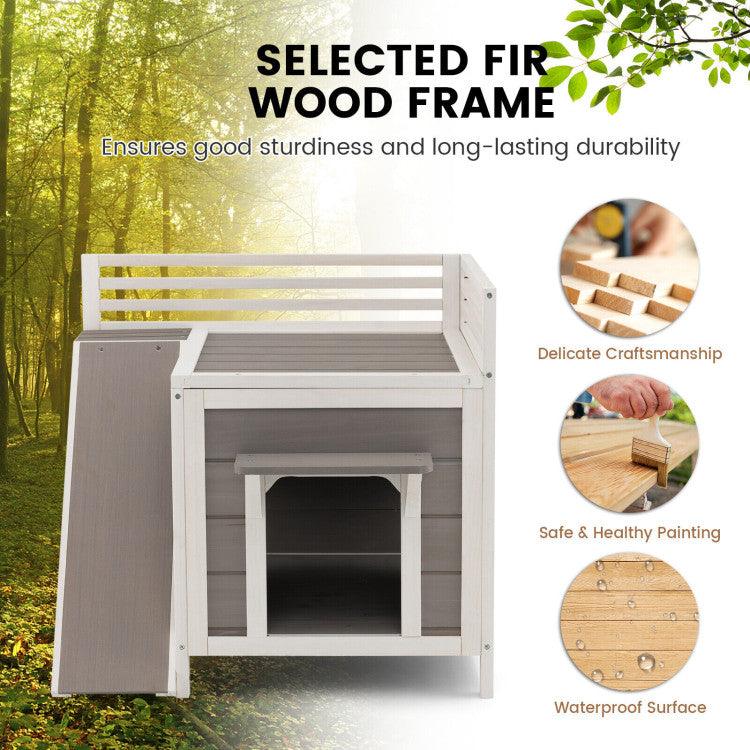 LazyKennels™ Outdoor Wooden Feral Cat House with Balcony and Slide - Lazy Pro