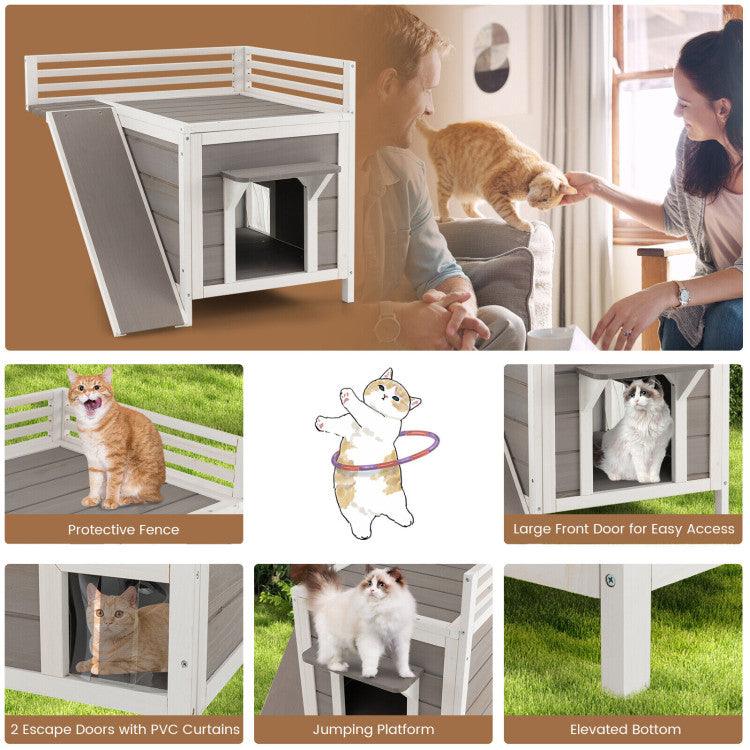 LazyKennels™ Outdoor Wooden Feral Cat House with Balcony and Slide - Lazy Pro