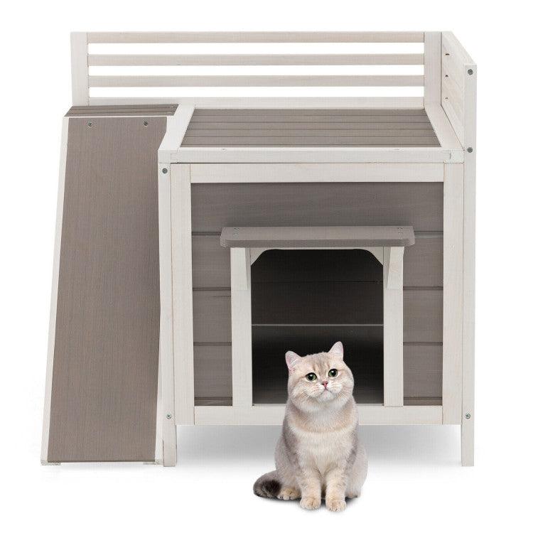 LazyKennels™ Outdoor Wooden Feral Cat House with Balcony and Slide - Lazy Pro