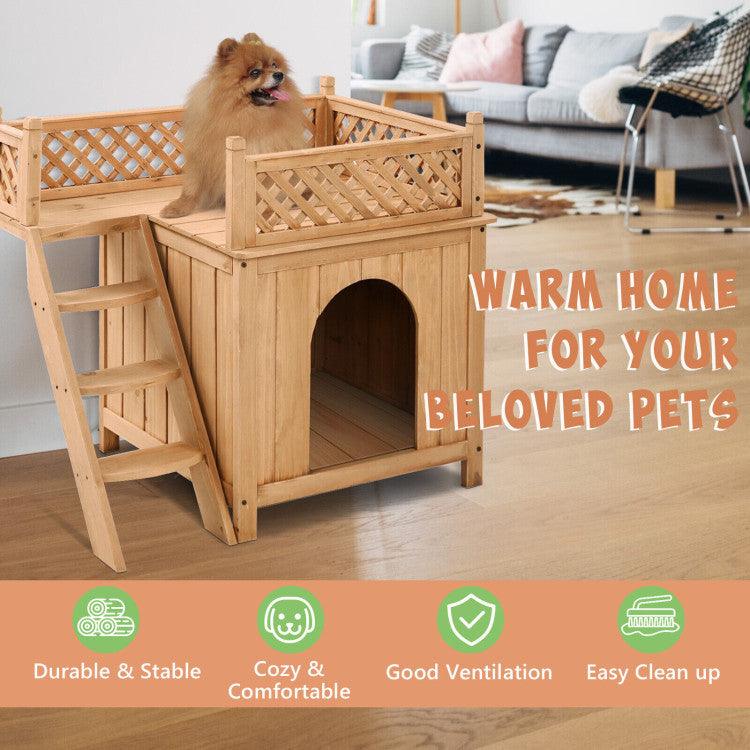 LazyKennels™ Wooden Dog House with Stairs and Raised Balcony for Puppy and Cat - Lazy Pro