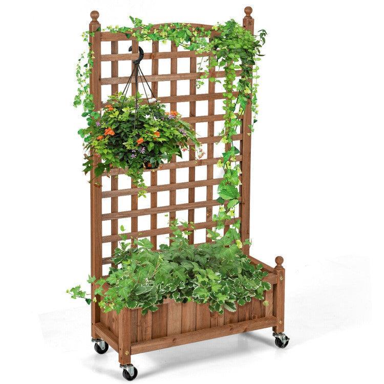 LazyLawn™ 50 Inch Wood Planter Box with Trellis Mobile Raised Bed for Climbing Plant - Lazy Pro