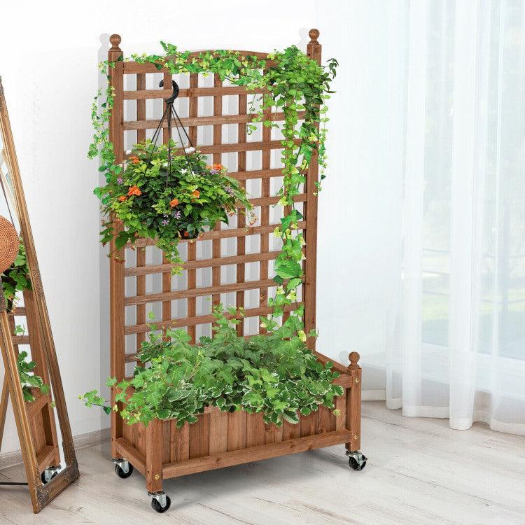 LazyLawn™ 50 Inch Wood Planter Box with Trellis Mobile Raised Bed for Climbing Plant - Lazy Pro
