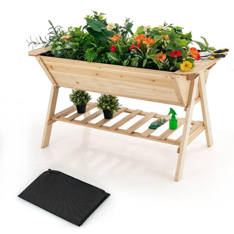 LazyLawn™ Raised Wood Garden Bed with Shelf and Liner - Lazy Pro