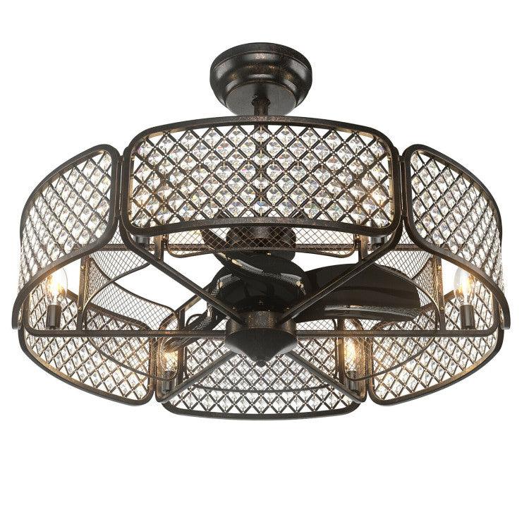 LazyLighting™ 30 Inch Caged Ceiling Fan With Light Crystal Lampshade 6 Light Bases - Lazy Pro