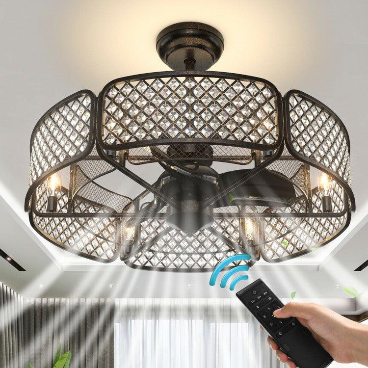 LazyLighting™ 30 Inch Caged Ceiling Fan With Light Crystal Lampshade 6 Light Bases - Lazy Pro