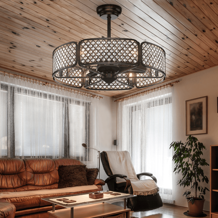 LazyLighting™ 30 Inch Caged Ceiling Fan With Light Crystal Lampshade 6 Light Bases - Lazy Pro