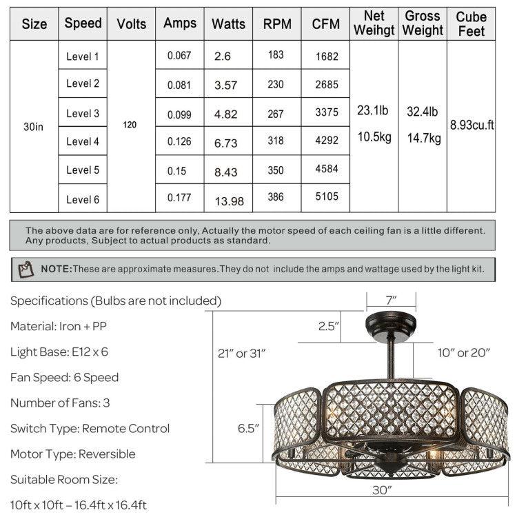 LazyLighting™ 30 Inch Caged Ceiling Fan With Light Crystal Lampshade 6 Light Bases - Lazy Pro